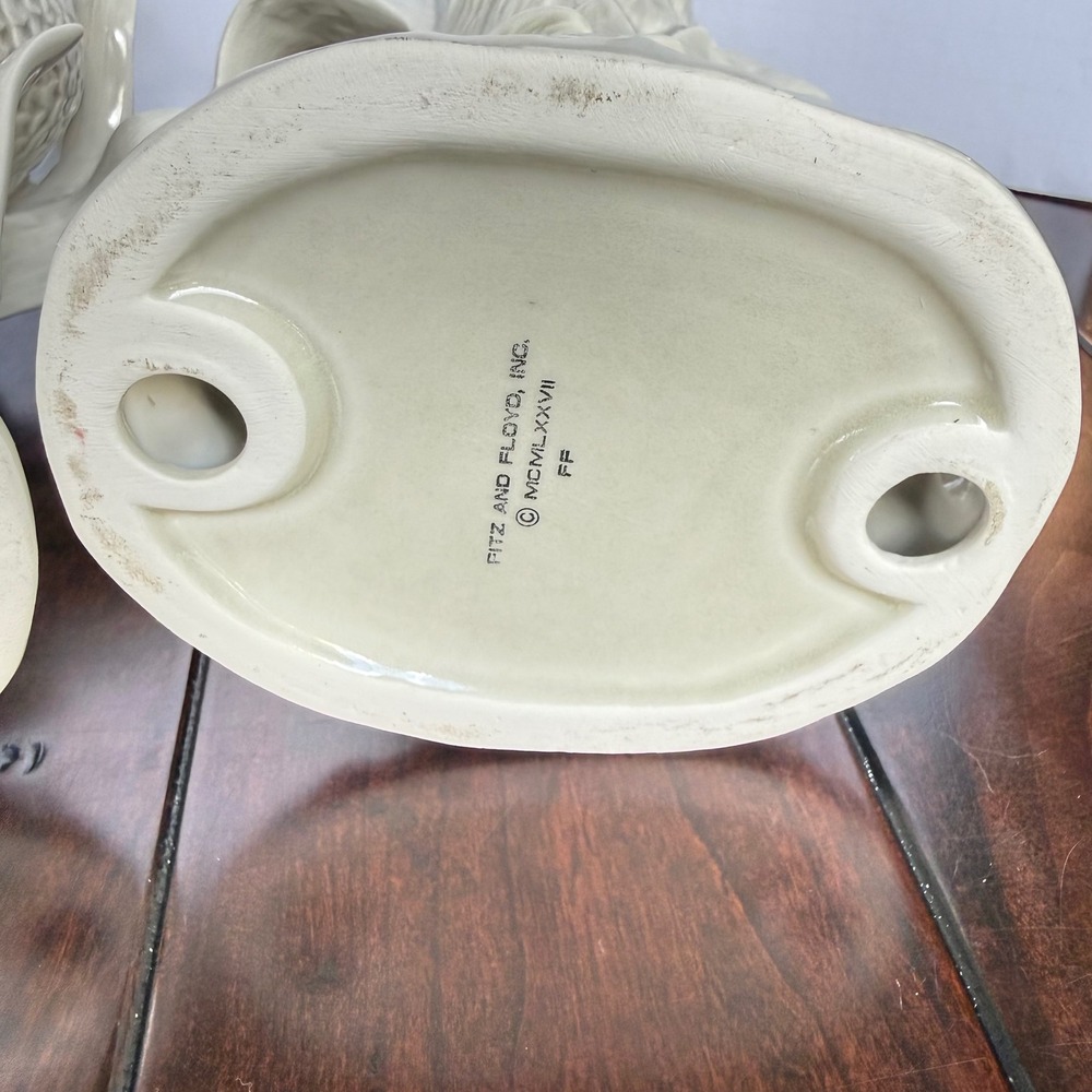 Vintage 1977 Fitz and Floyd Heron Lotus Candlestick Holders Pair Cream Ceramic - Picture 8 of 9